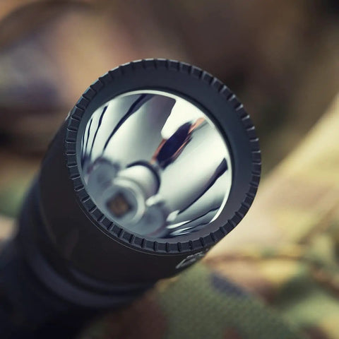 Close-up of the LH2 High Density Infrared LED Light Head With Single Mode Throwing Beam, no batteries, black aluminum alloy design.