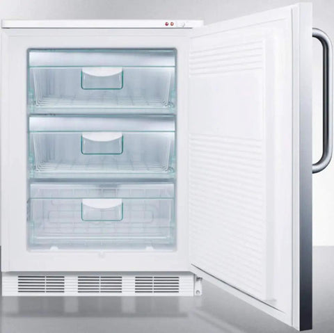 Heavy Hitter Upright Freezer In Slick Stainless Steel With Deep Freeze Capability And Integrated Security Lock Crafted For Cramped Corners And No Fuss Daily Storage with open door and three slide-out trays