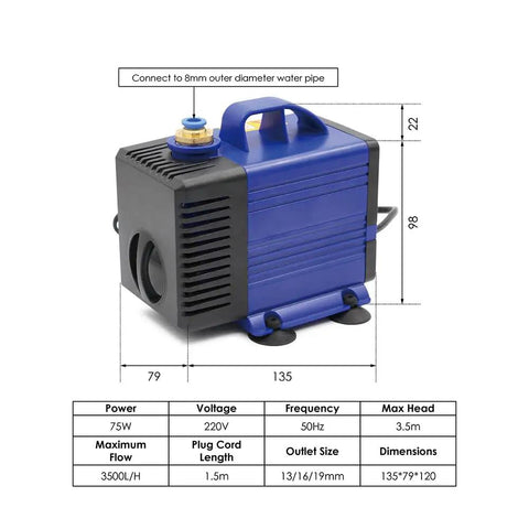 75W water pump for 2.2KW ER20 D80 220V Water Cooled Spindle Motor Kit with 80mm bracket, includes size specifications and connection details