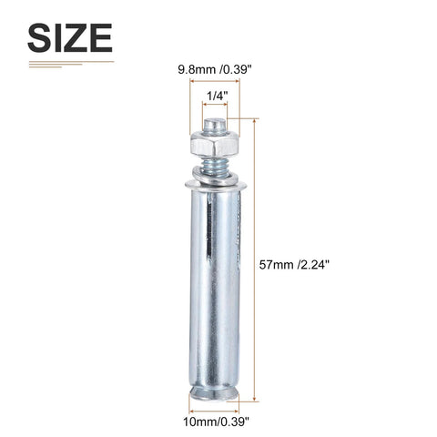 Image of a 1/4 Inch Hex Nut Sleeve Anchor, 2-1/4 Inch Length, 20 Pack for Concrete Dry Brick and Block Walls, Carbon Steel Silver Finish.