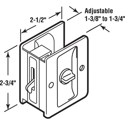 Diagram of Pocket Door Privacy Lock With Pull Brass Finish showing dimensions, suitable for doors 1-3/8" to 1-3/4" thick.