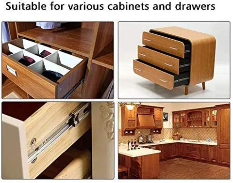 Collage of cabinets and drawers showing six inch ball bearing drawer slides with full extension and soft close feature in use