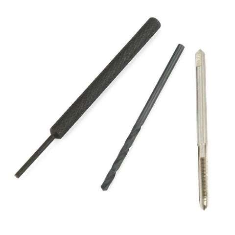 Installation tool, tap, and drill bit for M2x0.4 Threaded Insert Repair Kit with 20 Stainless Steel 304 Inserts in metal or plastic.