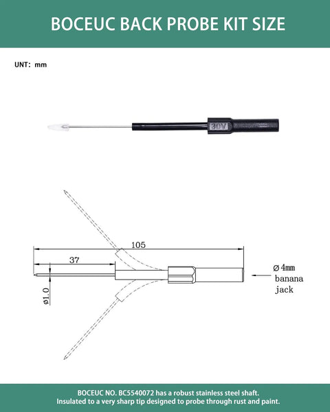 Diagram of Flexible Back Probe Kit With Ultra Thin 1mm Steel Needles For Tight Car Wiring Access, featuring banana jack