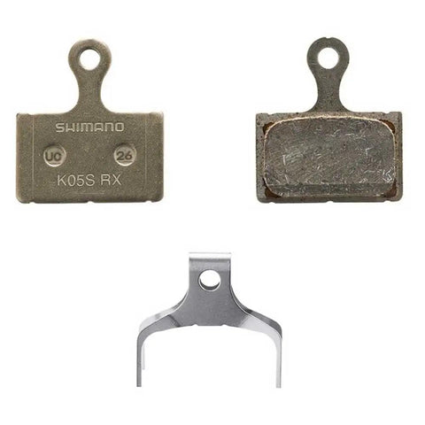K05S-RX Resin-Coated Disc Brake Pads with spring backing and steel backing in black finish for MTB and road bikes