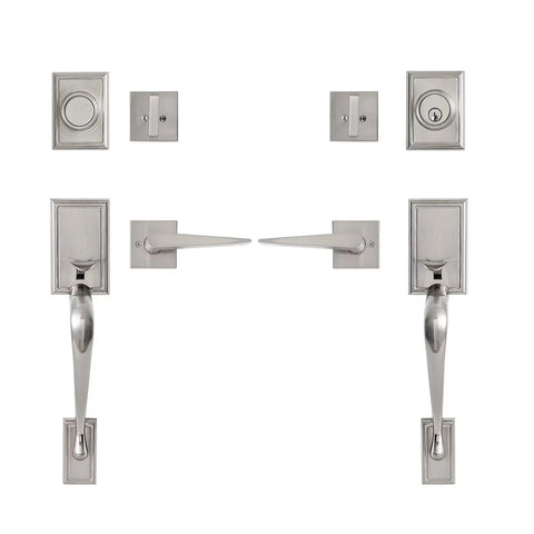 Heavy Duty Front Door Handle Set With Double Door Lock Satin Nickel Finish Includes Dummy Single Cylinder Deadbolt Lever Handle