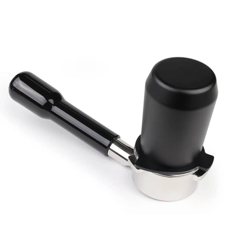 54mm Dosing Cup for Breville 54mm Portafilters and Home Espresso Rigs Fits Barista Express Pro Barista Touch Smart Grinder Niche Zero and Other 54mm Breville Machines Black in aluminum, hands-free dosing design attached to a portafilter.