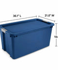 Massive 45 Gallon Rolling Storage Tote With Easy Glide Wheels To Tackle Heavy Hauling Tasks Without Breaking A Sweat Plus Stackable Design For Sweet Organization Solutions In Blue, showing dimensions 36.1" L x 21.0" W x 18.6" H.
