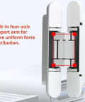 Heavy Duty 6 Inch Hidden Door Hinges 180 Degree Flush Mount Concealed Butt Hinge showing built-in four-axis support arm for stability.