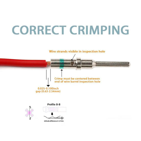 Correct crimping guide for DT Series Solid Contact Kit With Barrel Style Contacts, showing wire strands and crimp position.