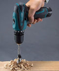 Portable 12V Cordless Drill And Electric Screwdriver With Two Speed Toggle Fast Snap Chuck Rechargeable Battery Compact shape drilling wood.