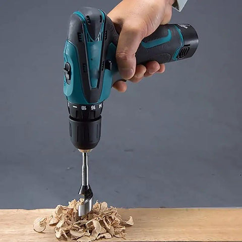 Portable 12V Cordless Drill And Electric Screwdriver With Two Speed Toggle Fast Snap Chuck Rechargeable Battery Compact shape drilling wood.