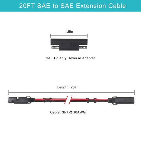Heavy Duty SAE Extension Cable 16AWG 20 Foot For Battery Chargers And Trickle Chargers with polarity reversal adapter
