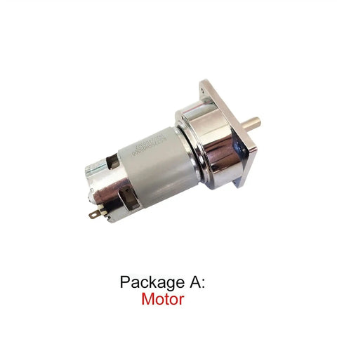 Kickass Heavy Dc Gear Motor Featuring Rock Solid Eighty Kilogram Centimeter Torque And Ultra Smooth Five To Five Hundred Rpm Adjustment side view showing motor's durable design and electrical connections.