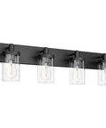Farmhouse Four Light Matte Black Vanity Light Fixture With Clear Glass Shades For Bathroom Ceiling 33.9 Inch Long Aluminum Construction