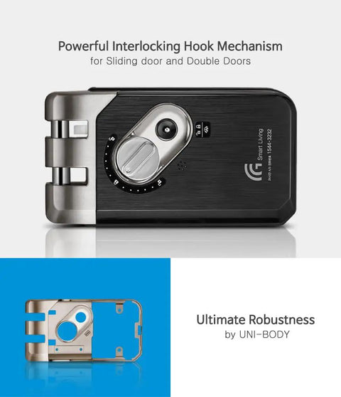 GTouch Digital Rim Lock With Traceless Slim Body Master Mode Forced Lock Automatic Locking Volume Control Silent Low Battery Alarm Emergency Power Backup Easy Touchscreen Access showing interlocking hook mechanism.