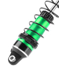 Close-up of green Beefed Up Aluminum 87mm front shock absorber for Mini Maxx & Mini XRT trucks with adjustable spring and tunable damping