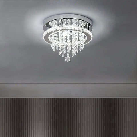 Crystal Chandelier With K9 Crystals And Stainless Steel Pendant Light, 3 LED Lights, Flush Mount Ceiling Fixture For Dining Room Bedroom Living Room, Modern Glow In Cool White With Bright Ambience