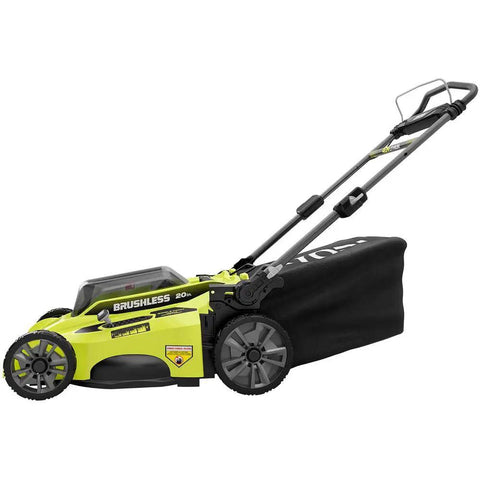 Cordless Push Lawn Mower 20-Inch 40-Volt Brushless With Whisper Quiet Design No Gas Needed Yet Delivers Real-World Power Load-Sensing Motor Long Battery Life Lightweight And Low Noise For Effortless Yard Care. side view with grass bag