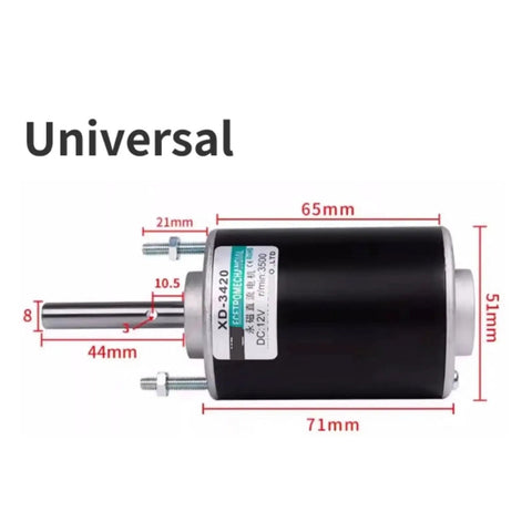 Beefy Torque DC Gear Motor 12V 24V With Adjustable Reversing RPM 3500 Or 7000, visible size dimensions, black cylindrical design