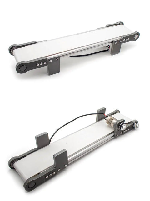 Two views of an Electric Desktop Conveyor Belt With Adjustable Speed From 0 To 116 RPM For DIY Elevator Experiments Friction Test Model.