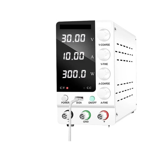 Adjustable DC Lab Power Supply 32V 6A and 30V 10A Regulated Switching Supply with Built In Fan, front view showing LED display