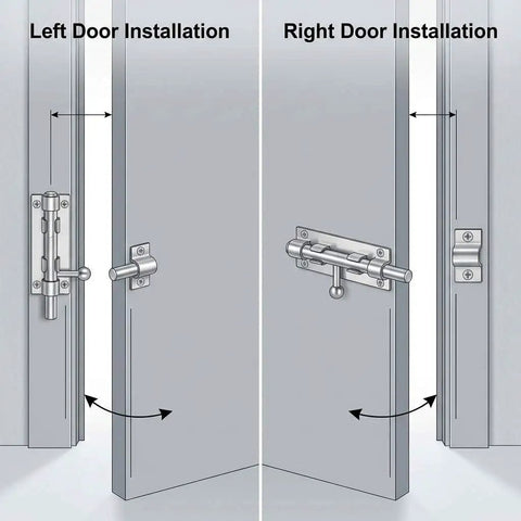Heavy Duty Six Point Three Inch Stainless Steel Sliding Gate Bolt Lock With Padlock Ready installation guide for left and right door.