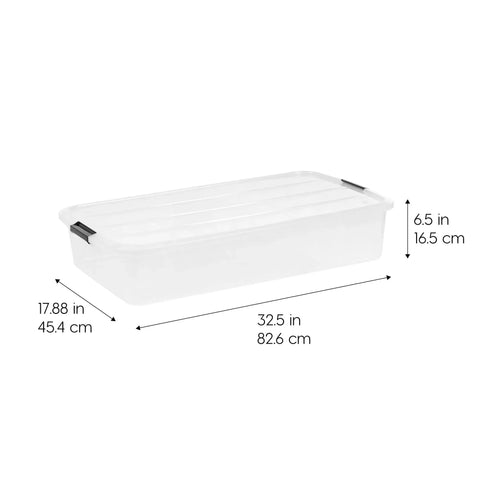 Heavy Duty 50 Quart Stackable Plastic Storage Bins With Snap Tight Secure Lids Clear Organizers For Home Office Dorm Room Garage No Sweat Bulk Pack Of Three dimensions with a clear lid and black handles.