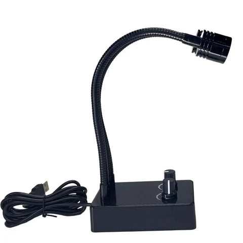 USB Dual Gooseneck Microscope Light For Precision Soldering And PCB Repair Pro Grade Flexible 360 Degree Arms With Dimmable Brightness For Clear Lab Inspections And Accurate Optical Testing. Black USB lamp with one flexible gooseneck, base, and power cord.