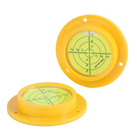 90mm Green Bullseye Bubble Level With Mounting Holes, Heavy Duty Pro Grade Spirit Level for RVs and Construction, shown in yellow.