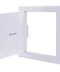 Kickass Eight By Eight Inch Abs Drywall Access Panel With Smooth Paintable Finish opened to show interior for easy access.