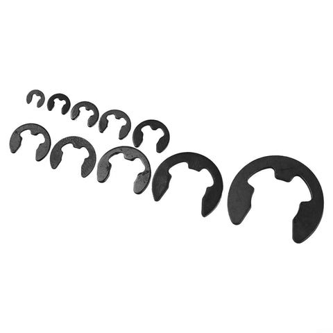 Different sizes of black carbon steel external snap rings from 580 Piece E Type Retaining Ring Set With Black Carbon Steel External Snap Rings 1.5mm To 10mm Range In Industrial Fastener Storage Box Easy Install Clips For Hardware Repairs DIY Friendly shown on white background