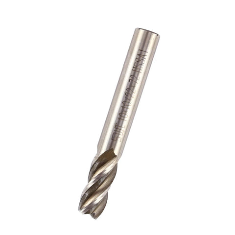 End mill bit, close-up view, HSS, 10mm diameter, 4-flute, straight shank for CNC milling