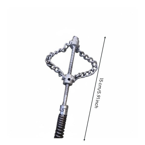 Heavy Duty Auger Chain Drain Cleaning Knocker For Plumbers Double Chain Cutter Head Pipe Dredger close-up view showing chain and steel construction.