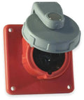 Top Tier IEC Pin and Sleeve Receptacle 30 Amp 480 VAC with watertight gray cap, red housing, mounted, heavy duty.