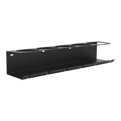 Top Notch Wall Mount Storage Rack For Spray Bottles And Pneumatic Gear Carbon Steel Garage Organizer With Five Holes Six Slots in sleek black finish.
