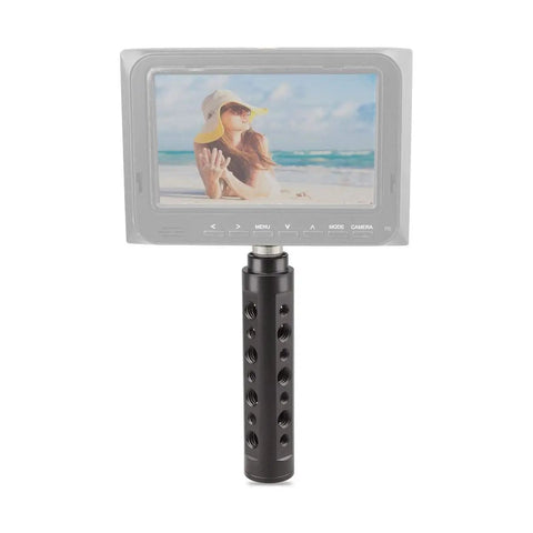 Aluminum Camera Handle Grip For Small Cameras Camcorders And DSLRs With CNC Machined Aluminum Construction Anodized Black Finish attached to monitor