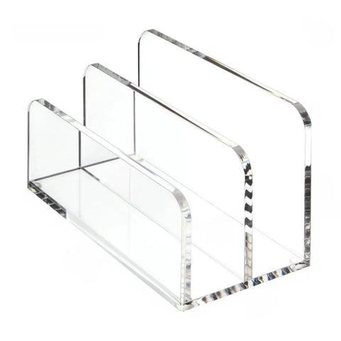 Acrylic Desk File Organizer With Mail Tray for Home Office, clear acrylic, side view of three-tier document storage unit.