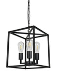 Industrial Farmhouse Plug In Pendant Light With 16.9ft Cord, Black Square Chandelier, 3-Light Fixture, visible bulbs, chain detail