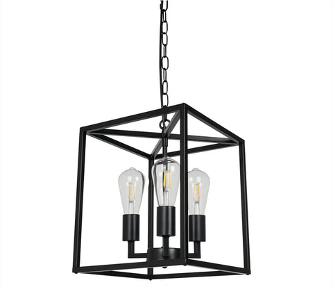 Industrial Farmhouse Plug In Pendant Light With 16.9ft Cord, Black Square Chandelier, 3-Light Fixture, visible bulbs, chain detail