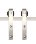 96 Inch Bent Strap Barn Door Hardware Kit In Satin Nickel With Steel Construction And All Mounting Hardware For Doors Up To 48 Inches Wide Durable 220 Lb Capacity ANSI BHMA A15614 Grade 1, shown front view.
