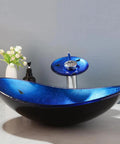 Cool Black Blue Glass Vessel Sink With Waterfall Faucet And Drain Oval Boat Shape Above Counter Modern Tempered Glass Bathroom Sink