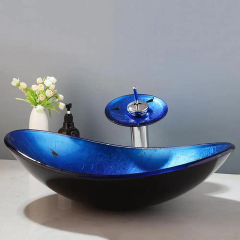 Cool Black Blue Glass Vessel Sink With Waterfall Faucet And Drain Oval Boat Shape Above Counter Modern Tempered Glass Bathroom Sink