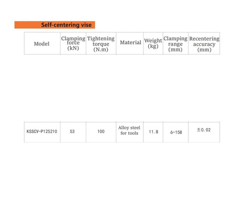 Self Centering Vise technical specifications table, details on clamping force, torque, material, weight, and accuracy for 125 mm precision machining.