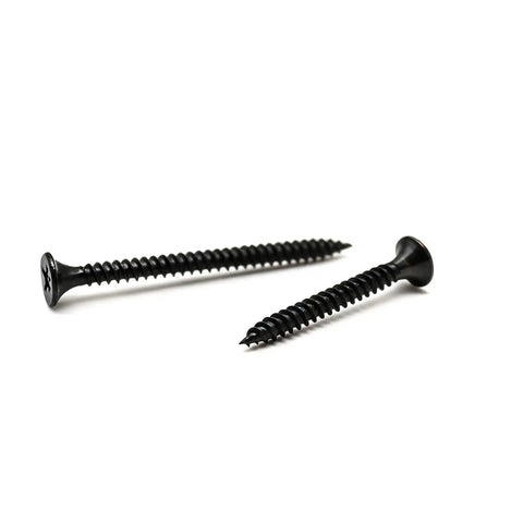 Rock Solid Number Six Fine Thread Drywall Screws Assortment With Phillips Bugle Heads for Sheet Rock and Wood Fixes, showing two black screws.
