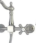 Heritage Wall Mount Kitchen Faucet With Sprayer Brushed Nickel Finish No Drip Ceramic Disc Solid Brass Construction 8 Inch Centers