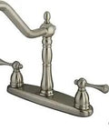 Vintage Style 8 Inch Deck Kitchen Faucet With Brass Sprayer Brushed Nickel Finish Four Hole Mount Victorian Look 1.8 GPM Flow At 80 PSI ASME Standard Title 20 Compliant. Brass dual-handle faucet with separate sprayer.