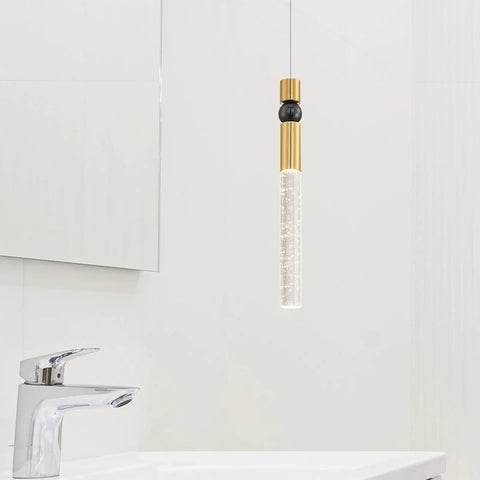 Mini Crystal Pendant Light With Dimmable LED Bulb For Kitchen Island And Bathroom Black Gold Finish Featuring Bubble Crystal Cylinder And Sleek Modern Low Profile Design For Dope Ambient Lighting