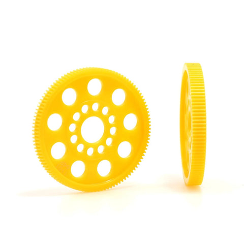 64P 96T RC Car Spur Gear in yellow, designed for 1/10 on-road vehicles, offering enhanced acceleration and smoother performance.