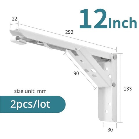 Two Pack Folding Triangle Shelf Brackets Wall Mounted for Tools and Benches 12 Inch white bracket dimensions shown